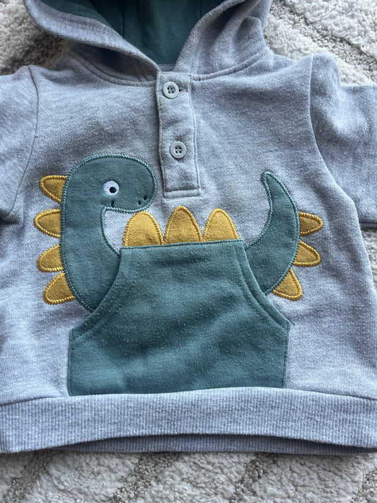 Sweat à capuche gris dessin dinosaure - 6 mois