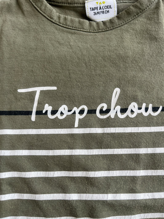 T-shirt à manches courtes kaki rayé « trop chou » - 36 mois
