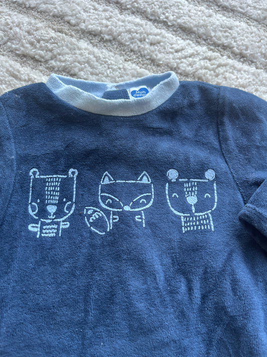 Pyjama velours bleu avec animaux - 6 mois
