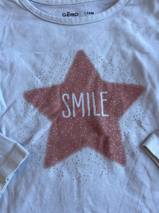 T-shirt manches longues blanc étoile rose « smile » - 18 mois