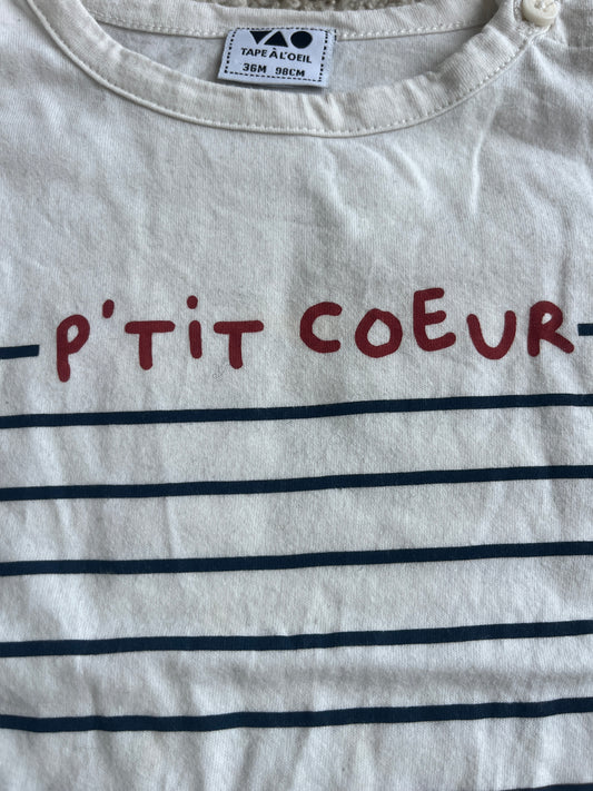 T-shirt à manches longues marinière « p’tit cœur » - 36 mois