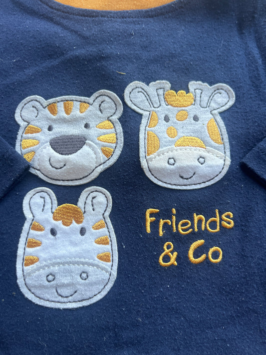 T-shirt manches longues bleu têtes d’animaux « Friends & co » - 6 mois