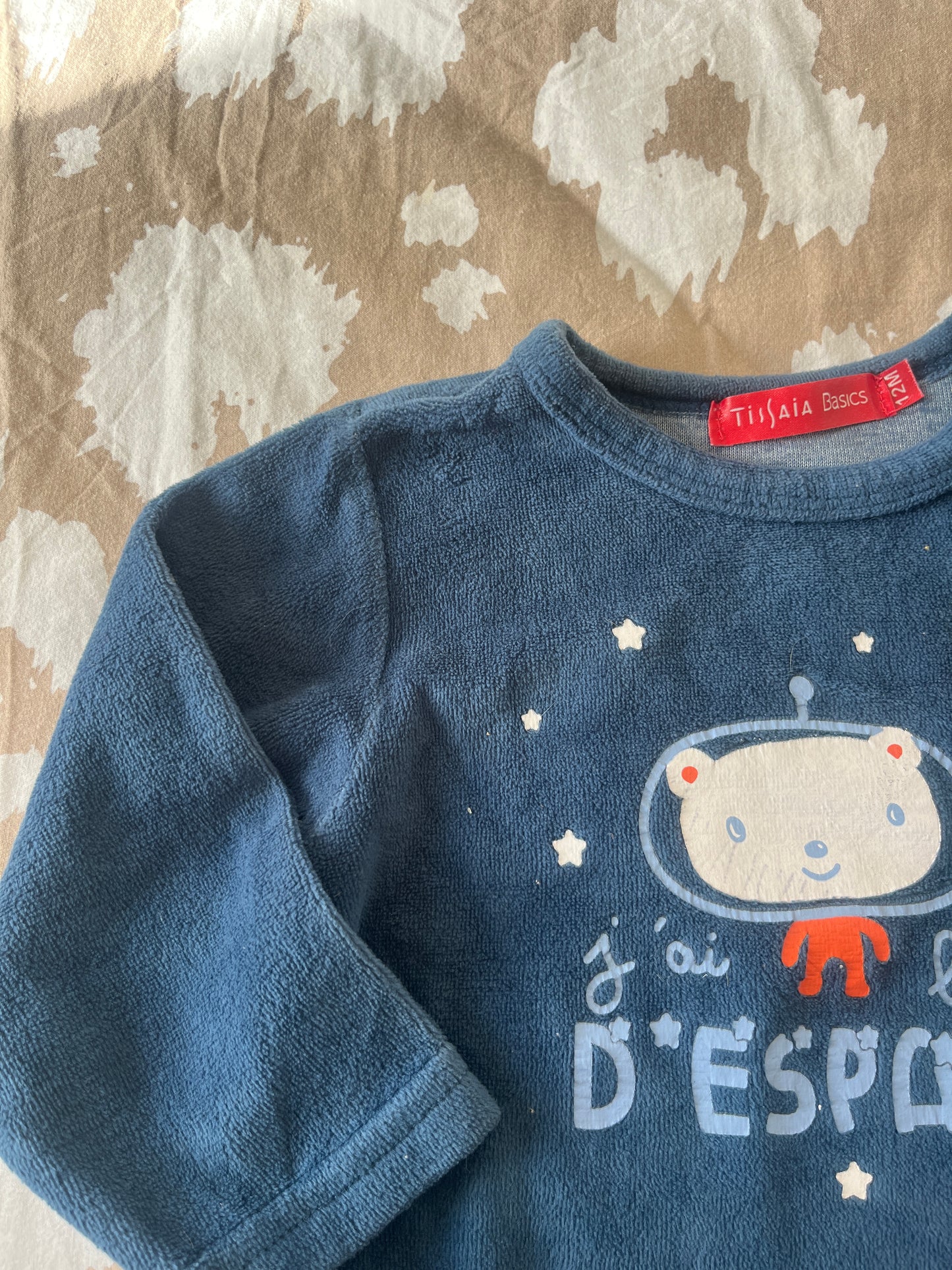 Pull polaire bleu avec ourson « j’ai besoin d’espace » - 12 mois