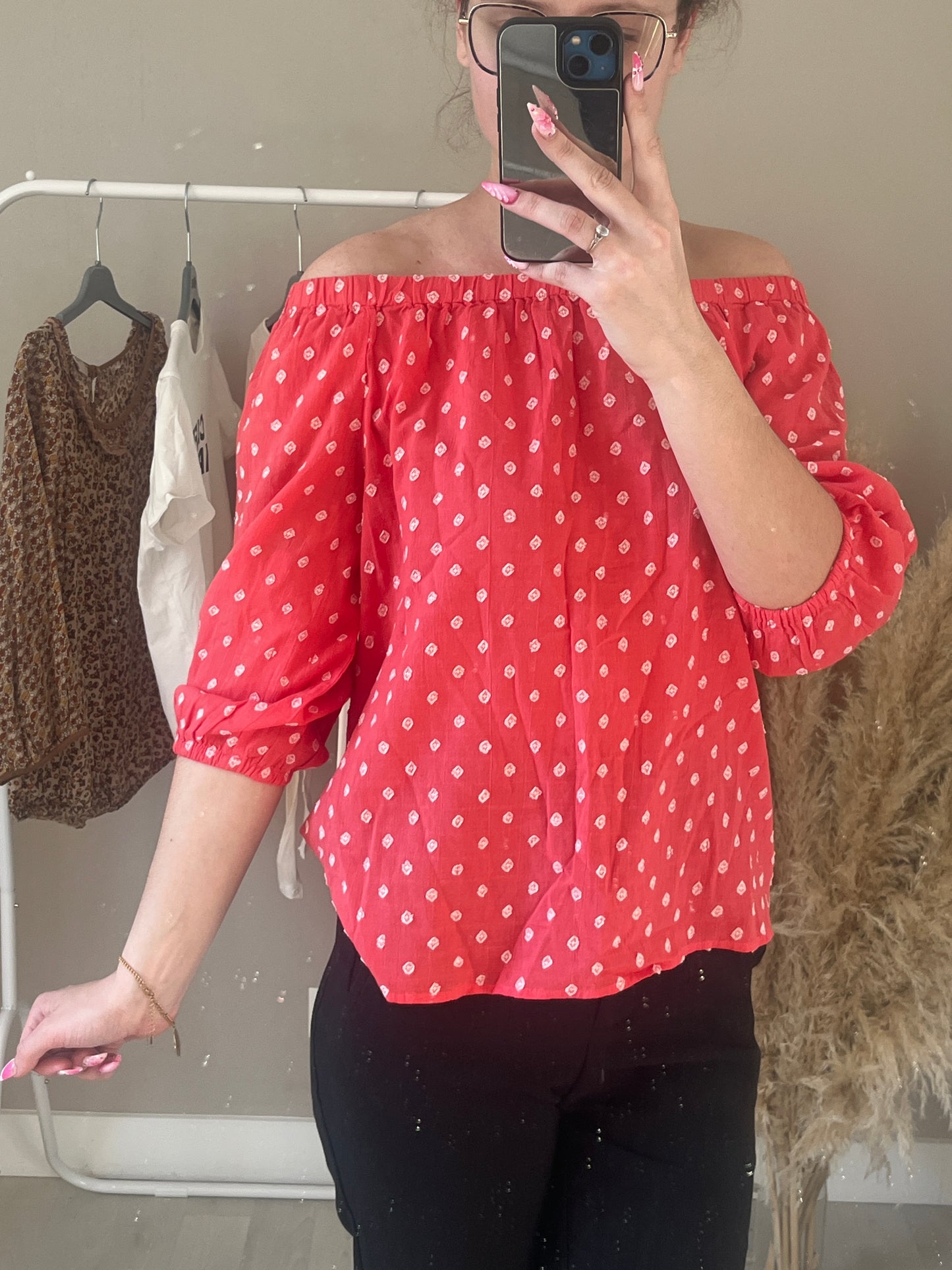 Top manches 3/4 col bardot rose - S