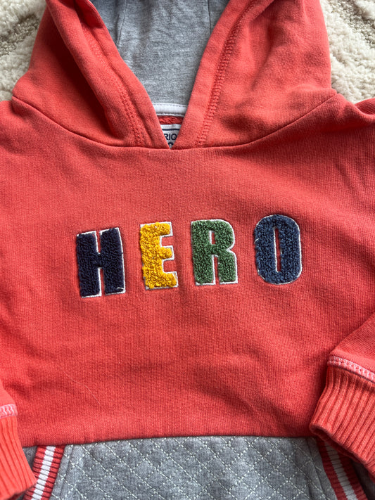 Sweat à manches longues corail et gris à capuche « Hero » - 4 ans