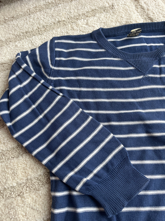 Pull en maille à manches longues bleu marine rayé blanc col V TAO - 8 ans