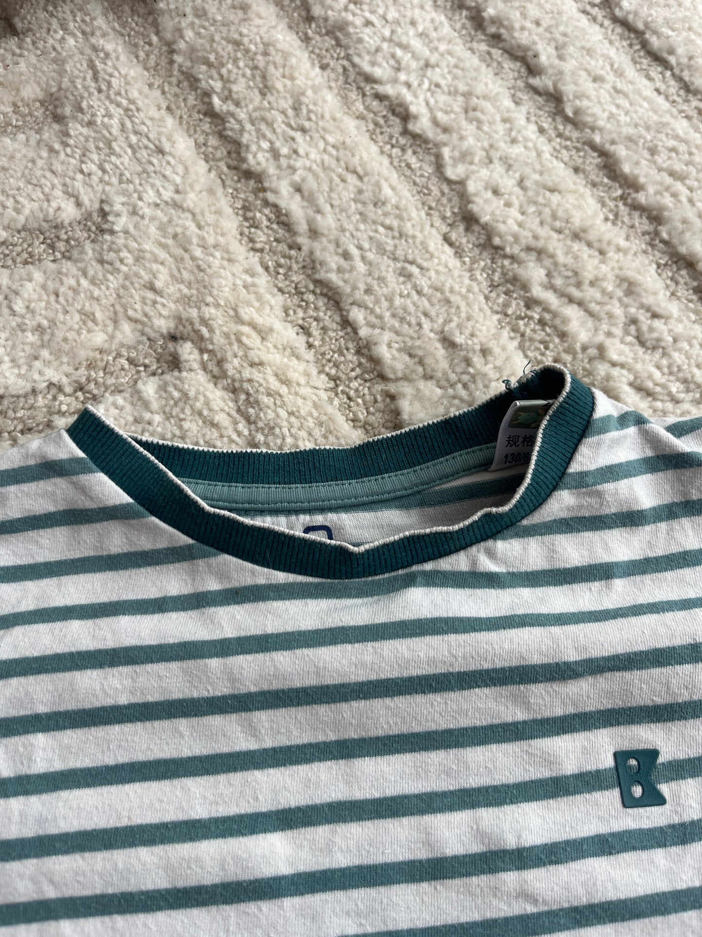 T-shirt à manches courtes blanc rayé bleu turquoise Obaïbi - 8 ans