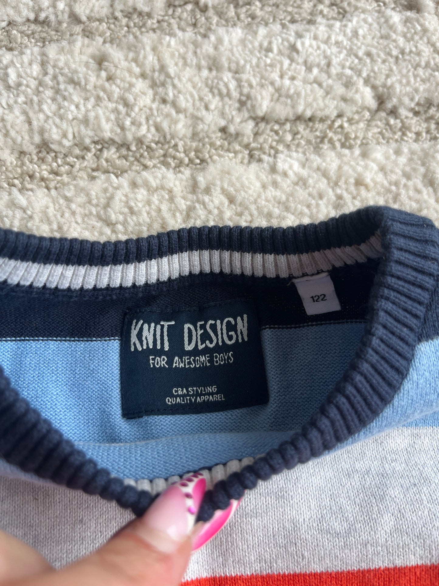 Pull en maille à manches longues rayé bleu, blanc, rouge - 7 ans
