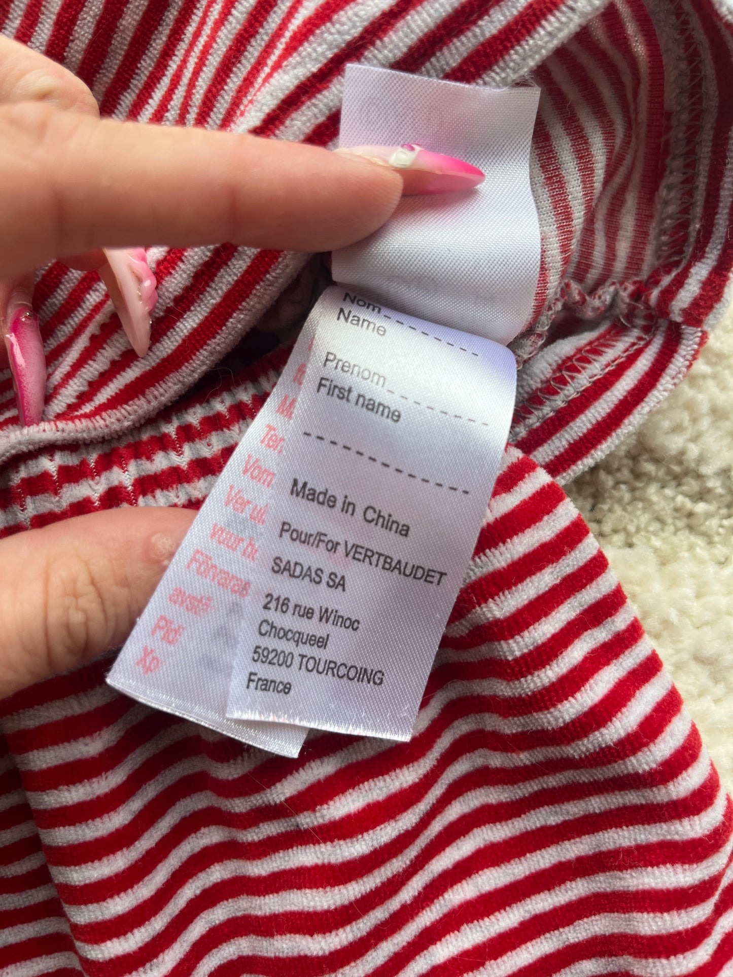 Pyjama velours 2 pièces à rayures rouges Verbaudet - 6 mois