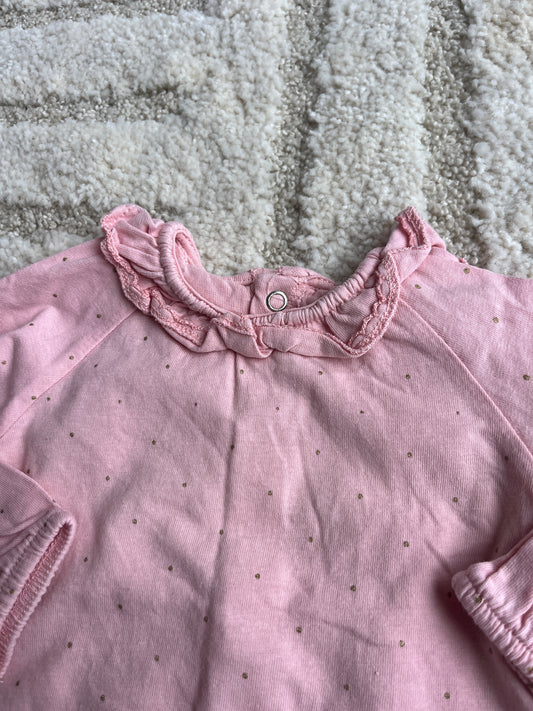 T-shirt à manches longues rose à pois et col volanté - 3 mois