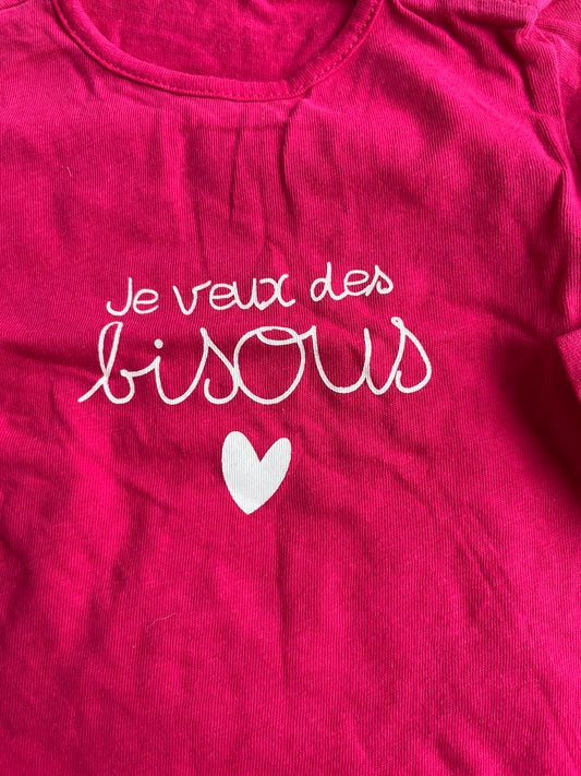 T-shirt à manches longues fuschia « je veux des bisous » - 3 mois