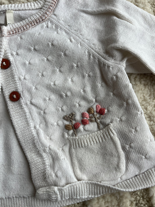 Cardigan à manches longues blanc avec broderies et poches - 3 mois