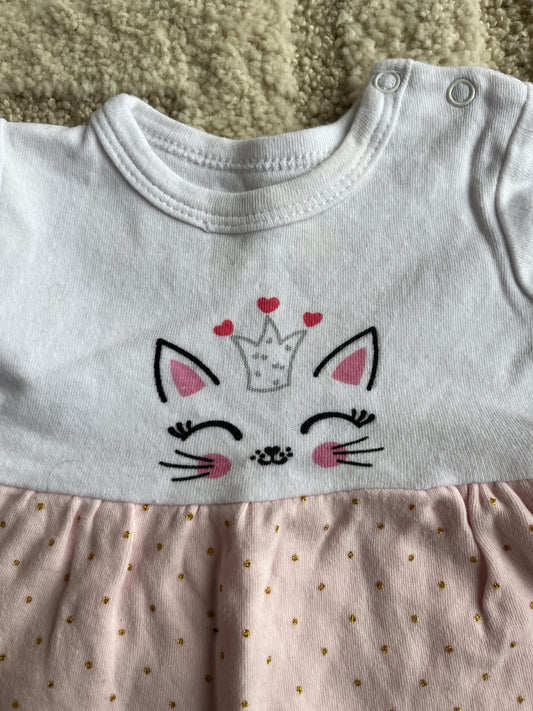 Robe à manches courtes blanche et rose tête de chat - 3 mois