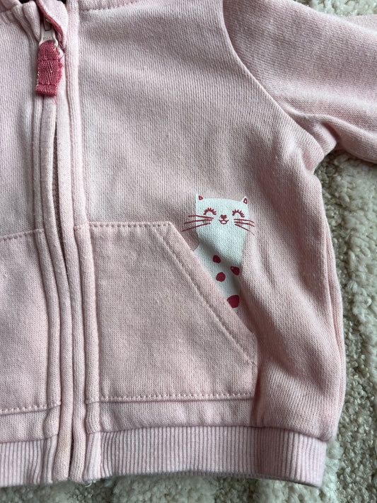 Gilet à manches longues zippée à capuche rose pale chat - 3 mois