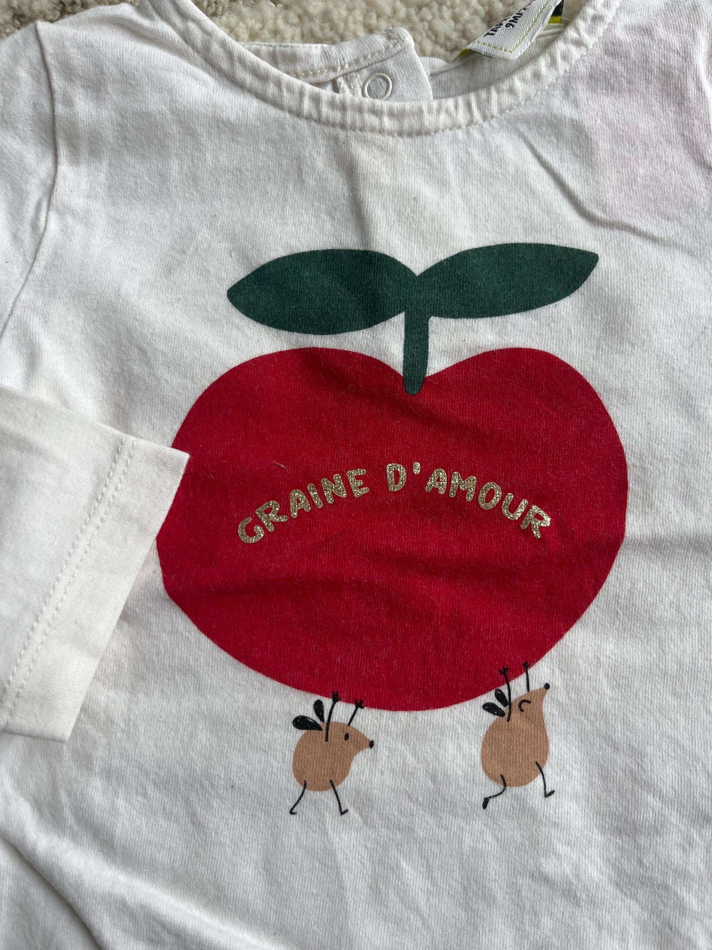 T-shirt à manches longues blanc motif pomme « graine d’amour » - 9 mois