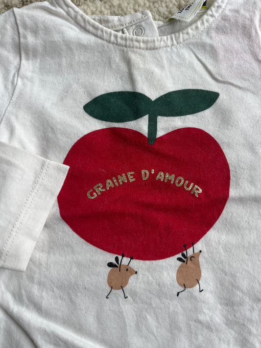 T-shirt à manches longues blanc motif pomme « graine d’amour » - 9 mois