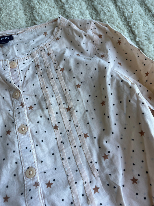 Chemise à manches longues rose motifs pois noirs et étoiles - 8 ans