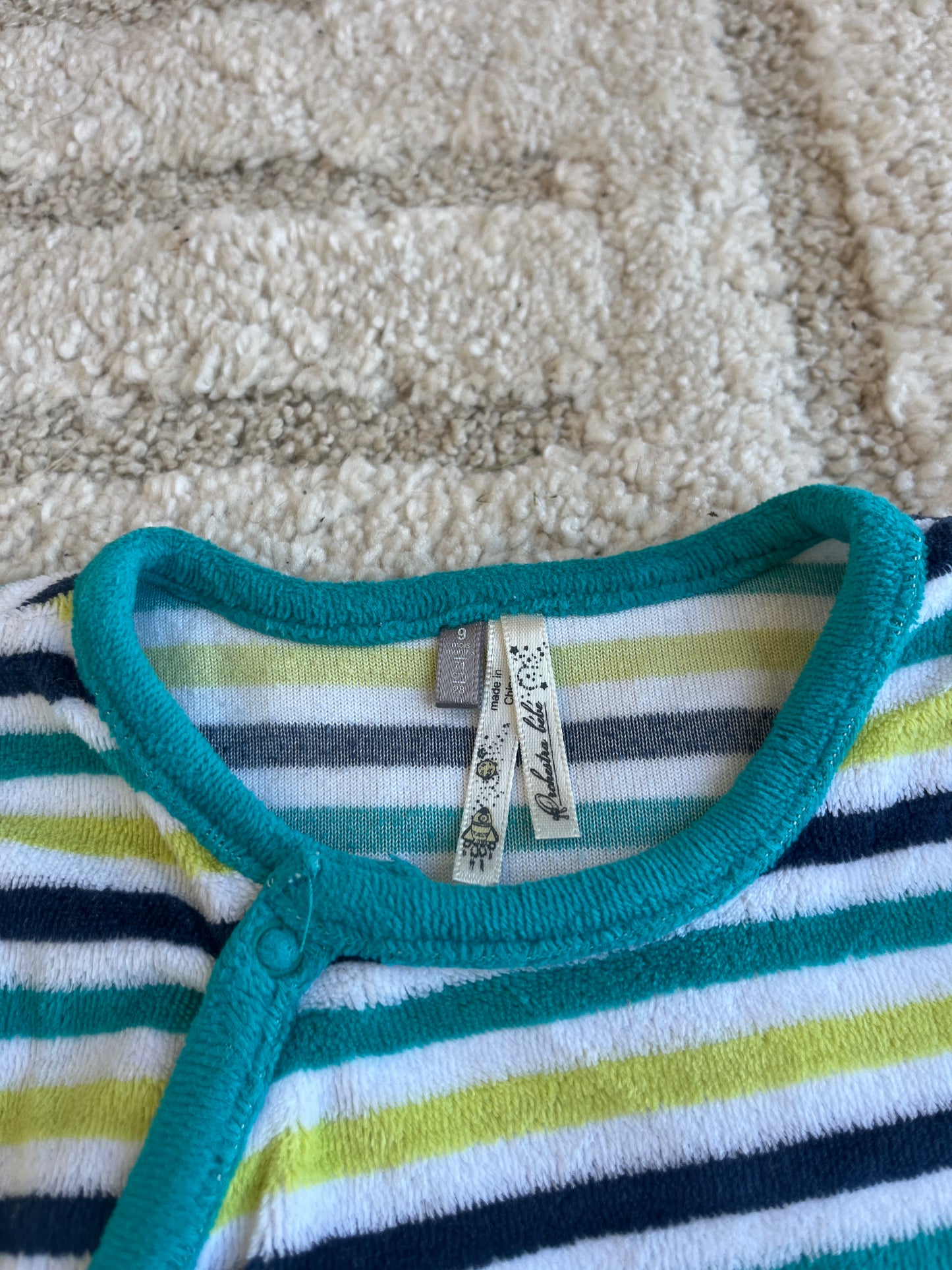 Pyjama velours rayé vert et bleu - 9 mois