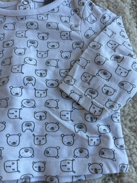 T-shirt à manches longues blanc motifs têtes d’oursons - naissance