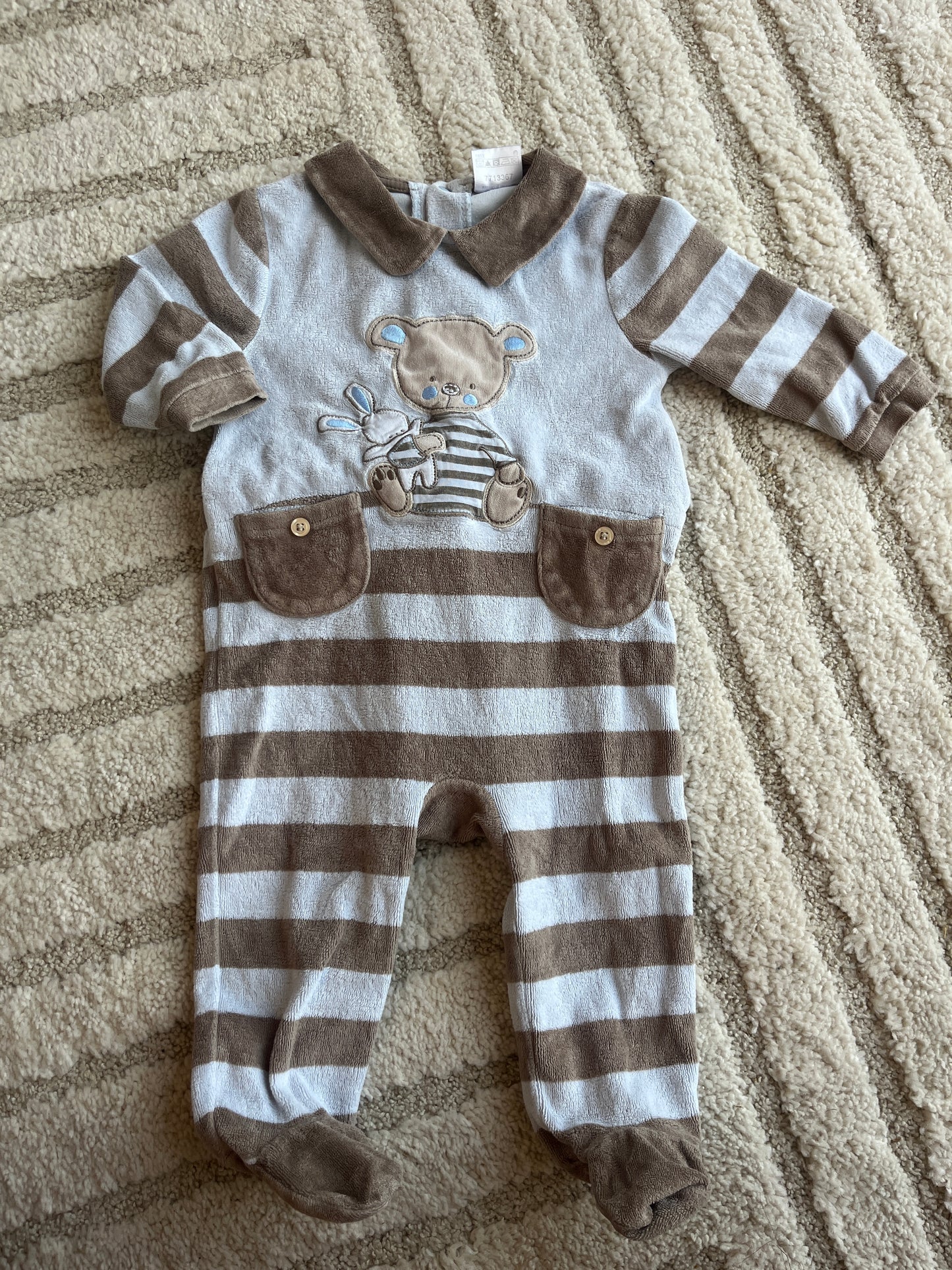 Pyjama velours bleu et marron ourson et lapin - 6 mois