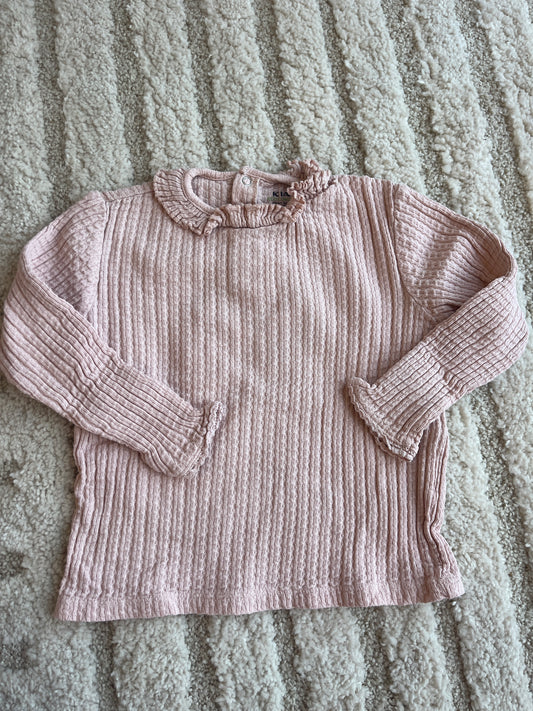 T-shirt à manches longues en maille gaufrée et col volanté rose - 24 mois
