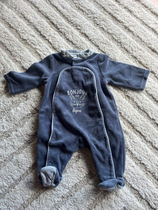Pyjama velours bleu avec col « bonjour lapin » - 1 mois
