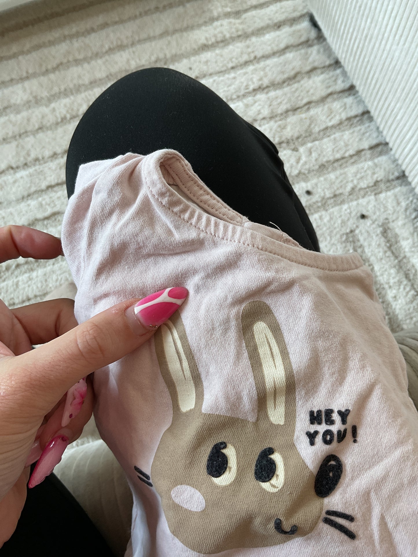T-shirt à manches longues rose pale tête lapin « hey you » - 3 mois