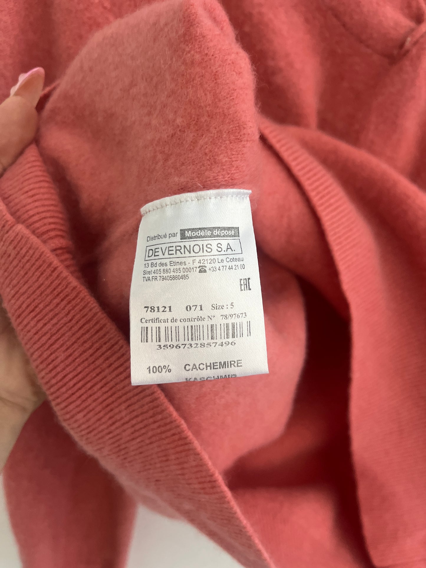 Pull à manches longues rose en cachemire Devernois - taille 5 (44/48)