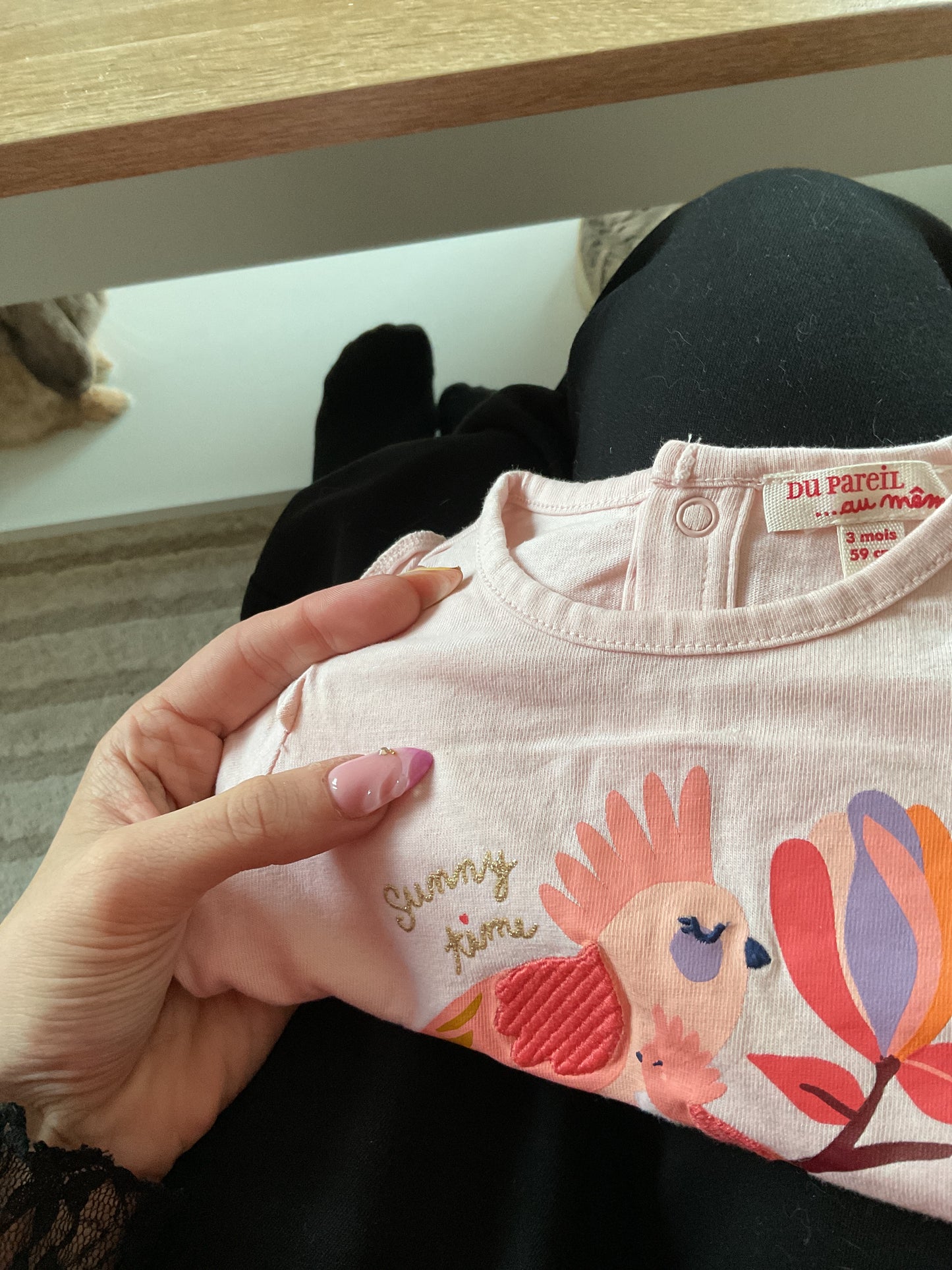 T-shirt à manches longues rose pale oiseau « Sunny Time » - 3 mois