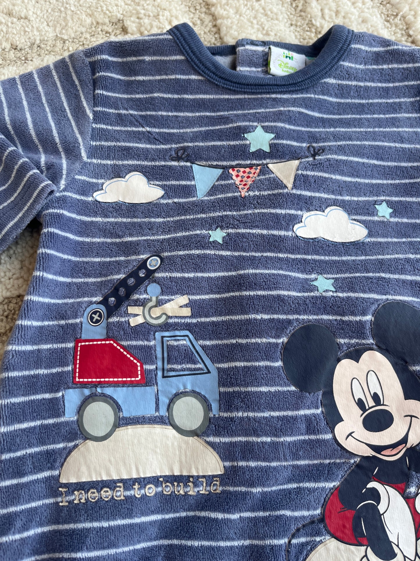 Pyjama velours bleu rayé Mickey - 6 mois
