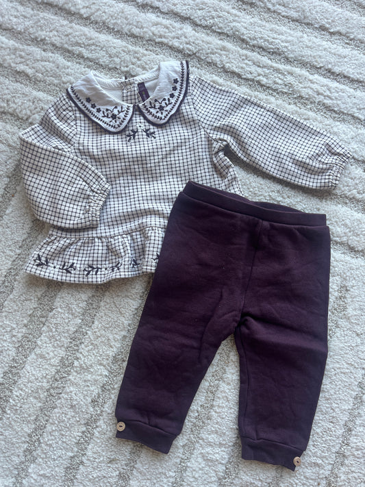 Ensemble blouse col Claudine + legging crème et violet Sergent Major - 9 mois