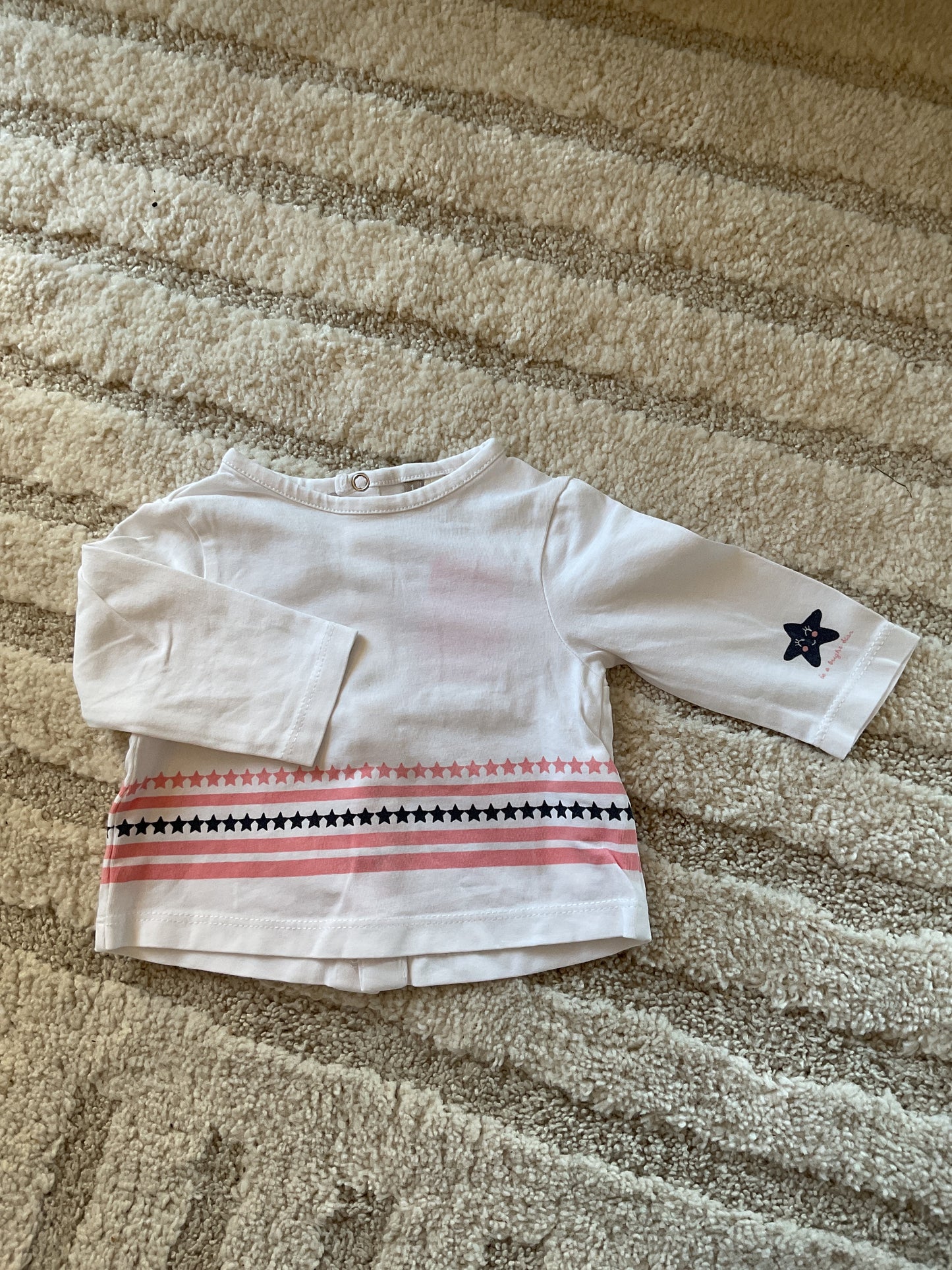 T-shirt à manches longues blanc motif étoiles bleu et rose - 1 mois