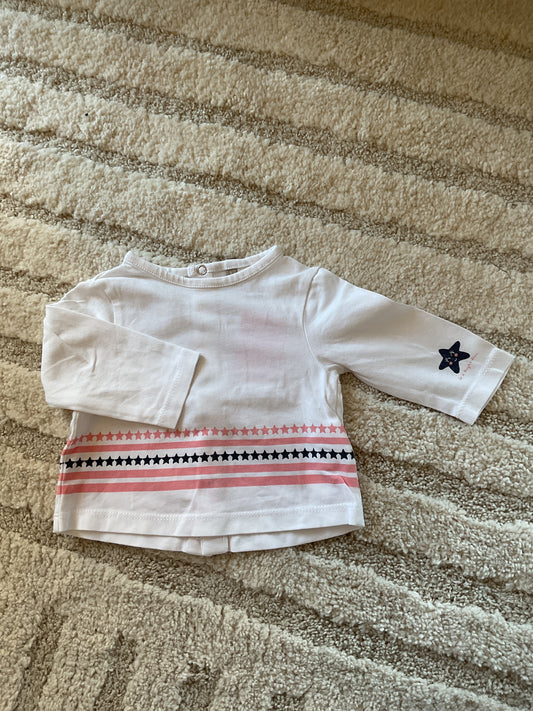 T-shirt à manches longues blanc motif étoiles bleu et rose - 1 mois
