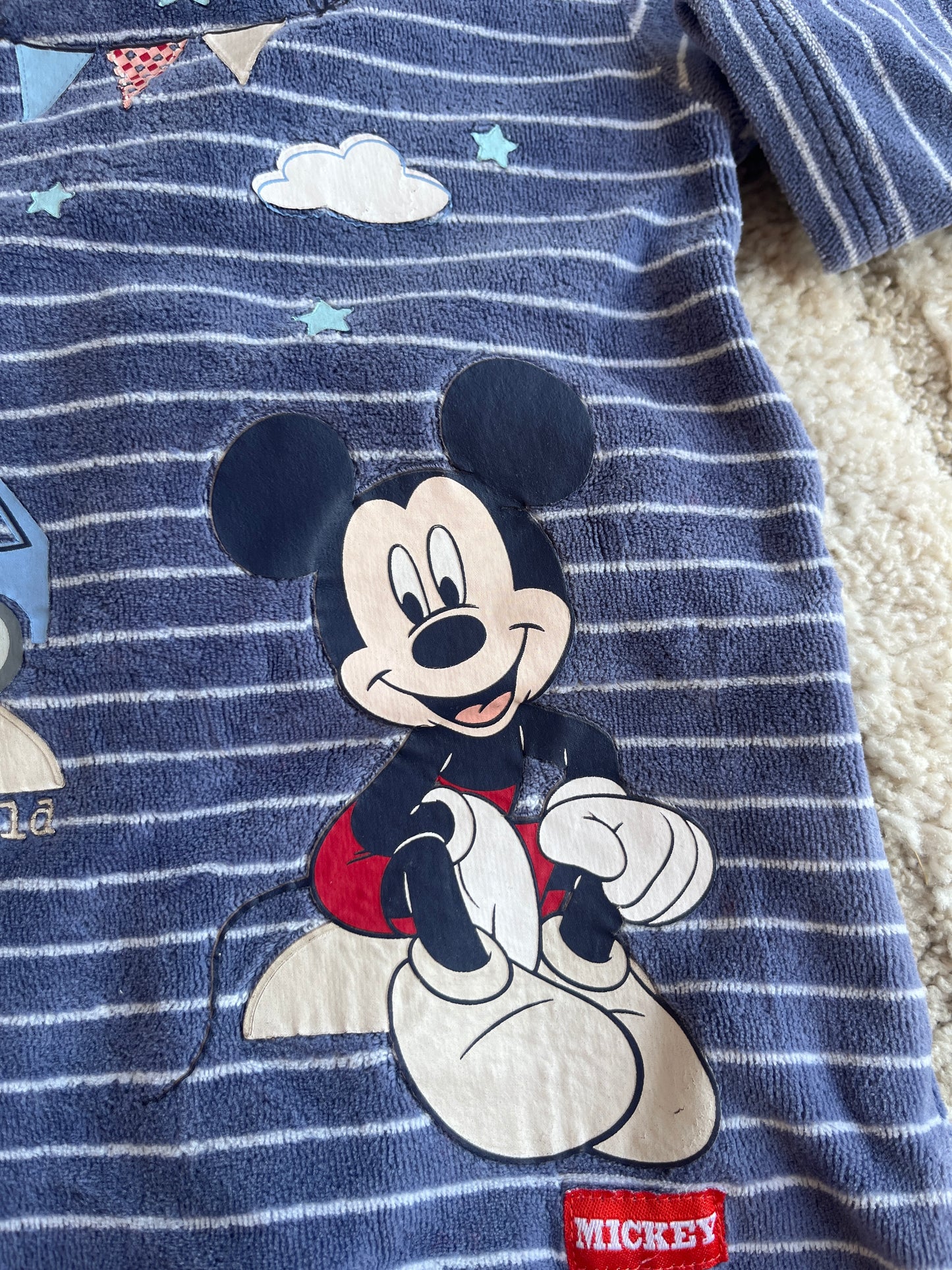 Pyjama velours bleu rayé Mickey - 6 mois