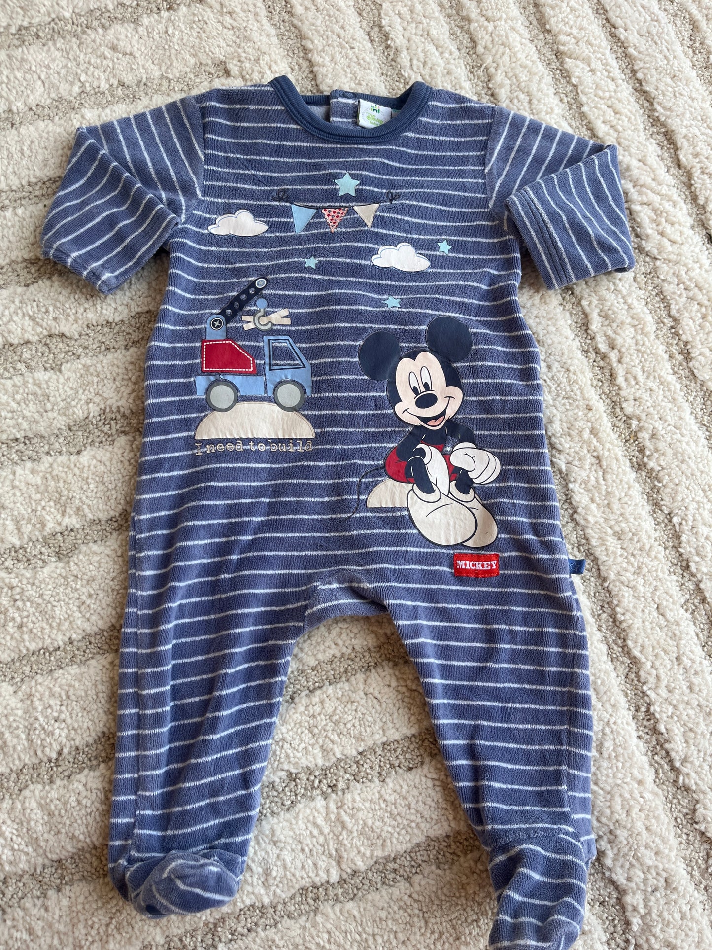 Pyjama velours bleu rayé Mickey - 6 mois