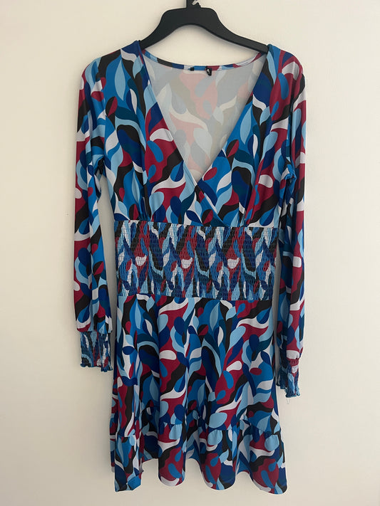 Robe courte légère à manches longues à motifs bleu - S/M