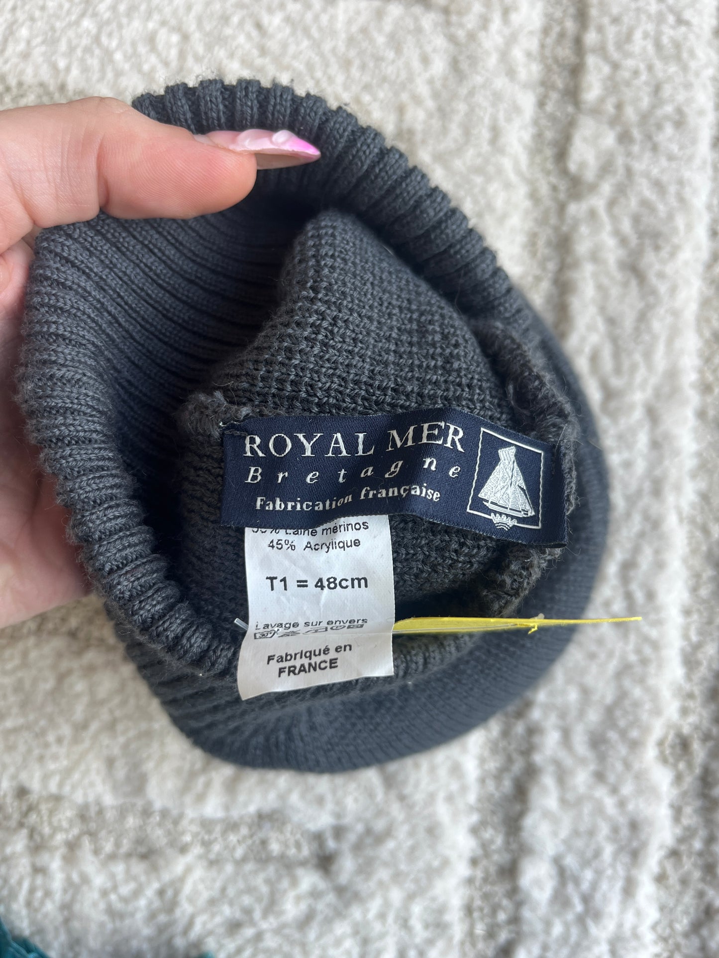 Bonnet gris en laine avec noeud Royal Mer - 48 cm
