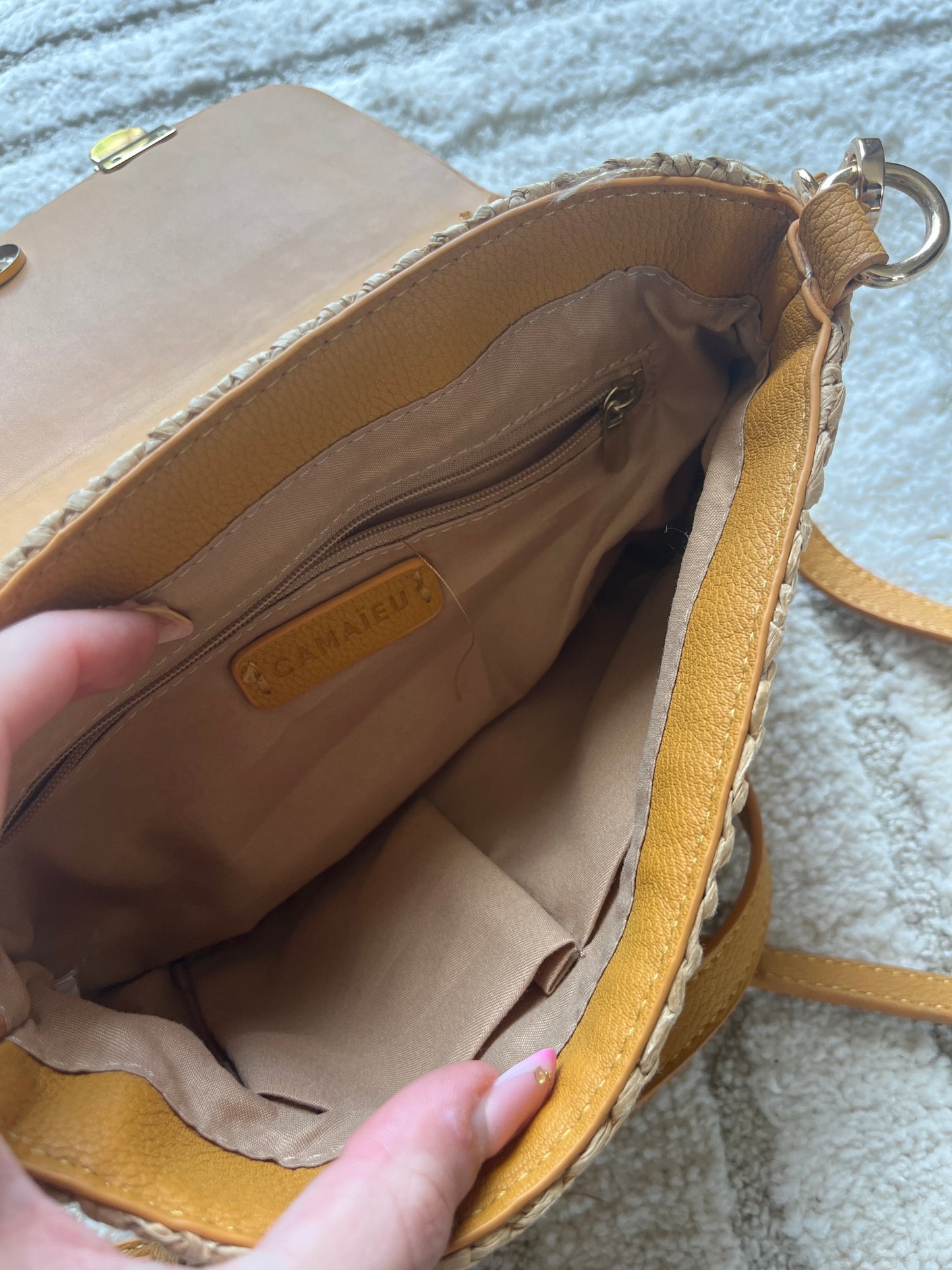 Sac à main moutarde et paille Camaïeu