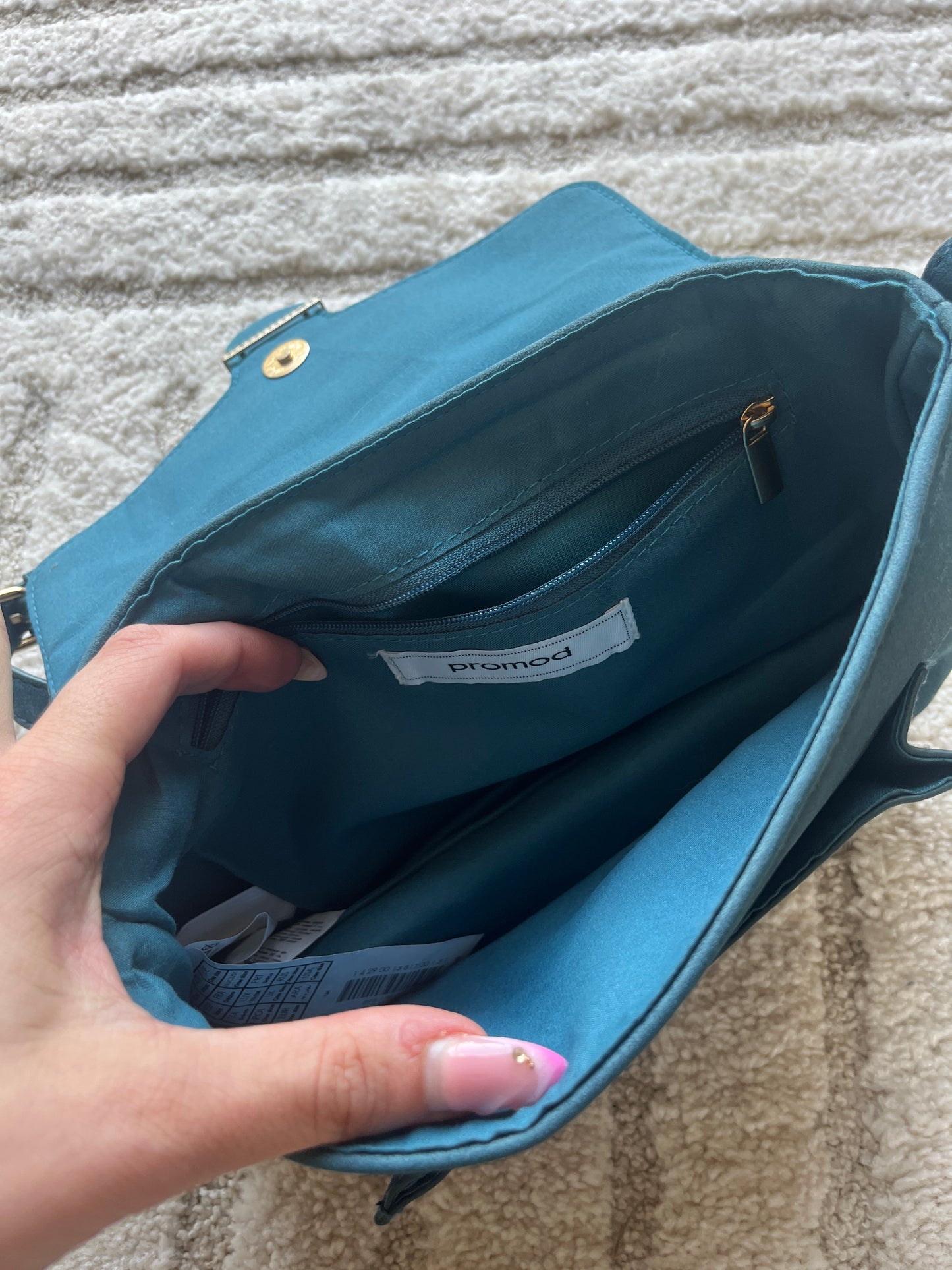 Sac à main bleu canard en suédine Promod