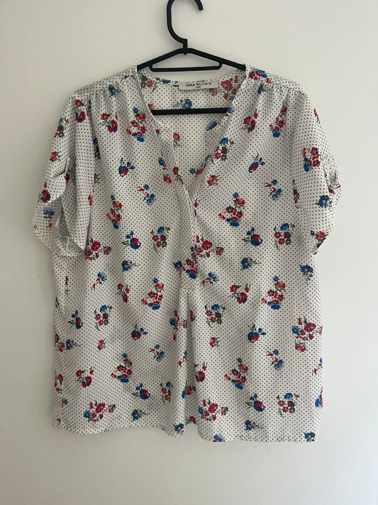 T-shirt à manches courtes fluide blanc et fleurs bleu et rose - T.4 (XL)
