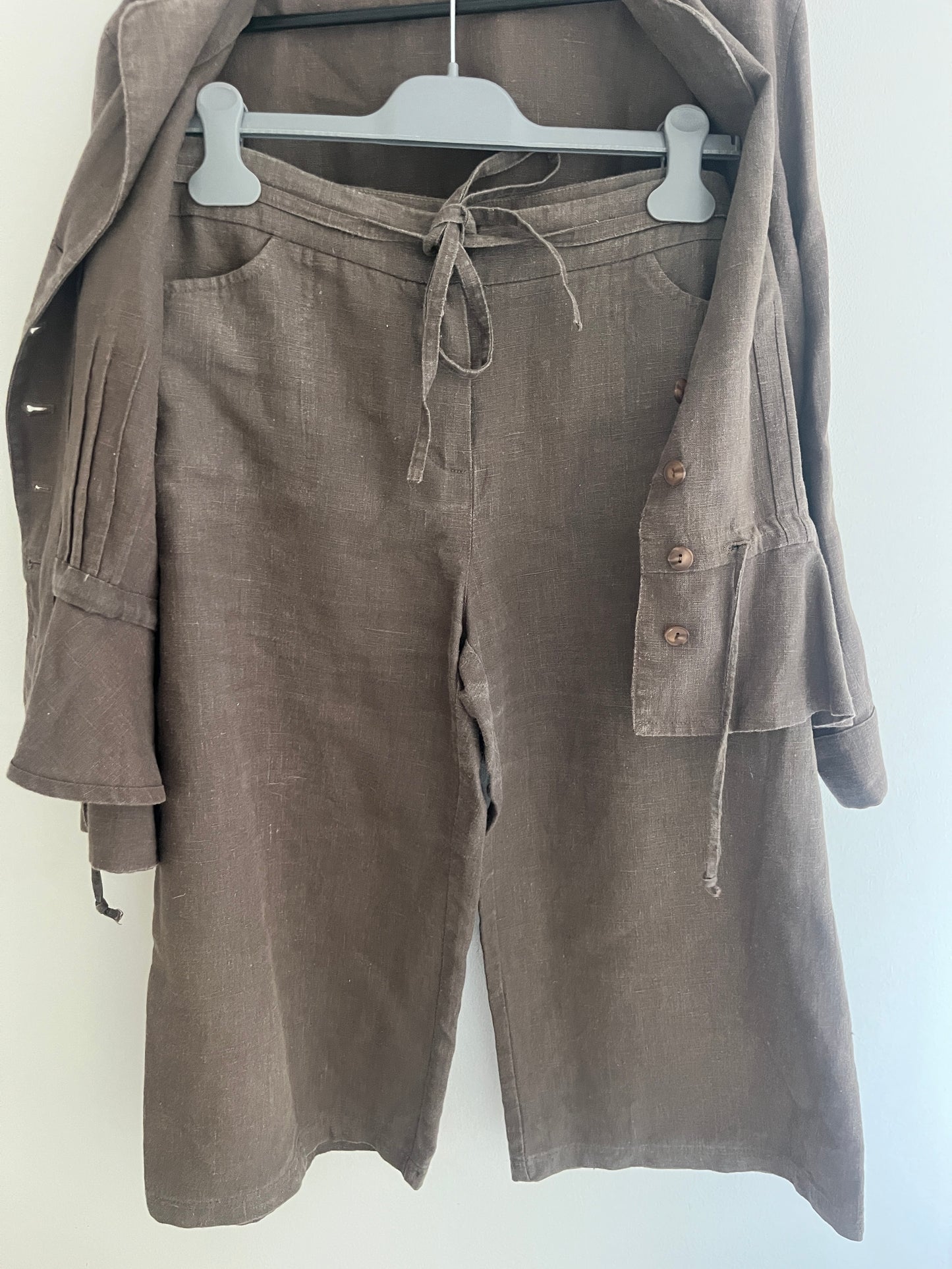 Ensemble 2 pièces vintage blouse + pantacourt en lin kaki Square - 44