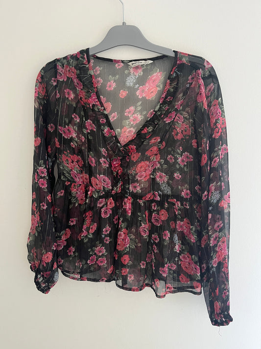 Blouse transparente et légère noir fleurs roses Stradivarius - S
