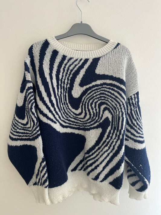 Pull à manches longue bleu et blanc oversize - S