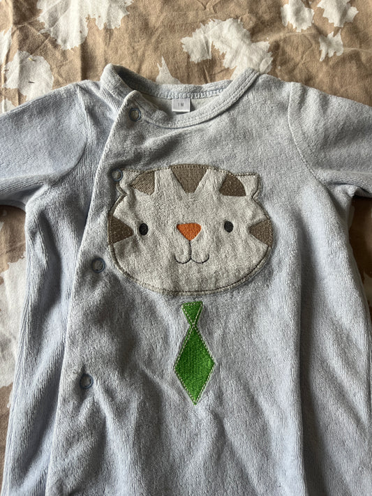 Pyjama en velours bleu ciel tête de chat - 1 mois