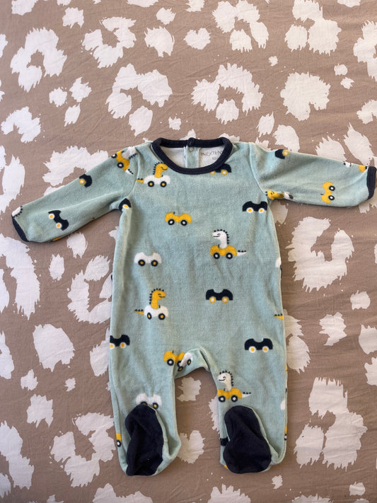 Pyjama en velours vert avec dinosaures et voitures - 3 mois