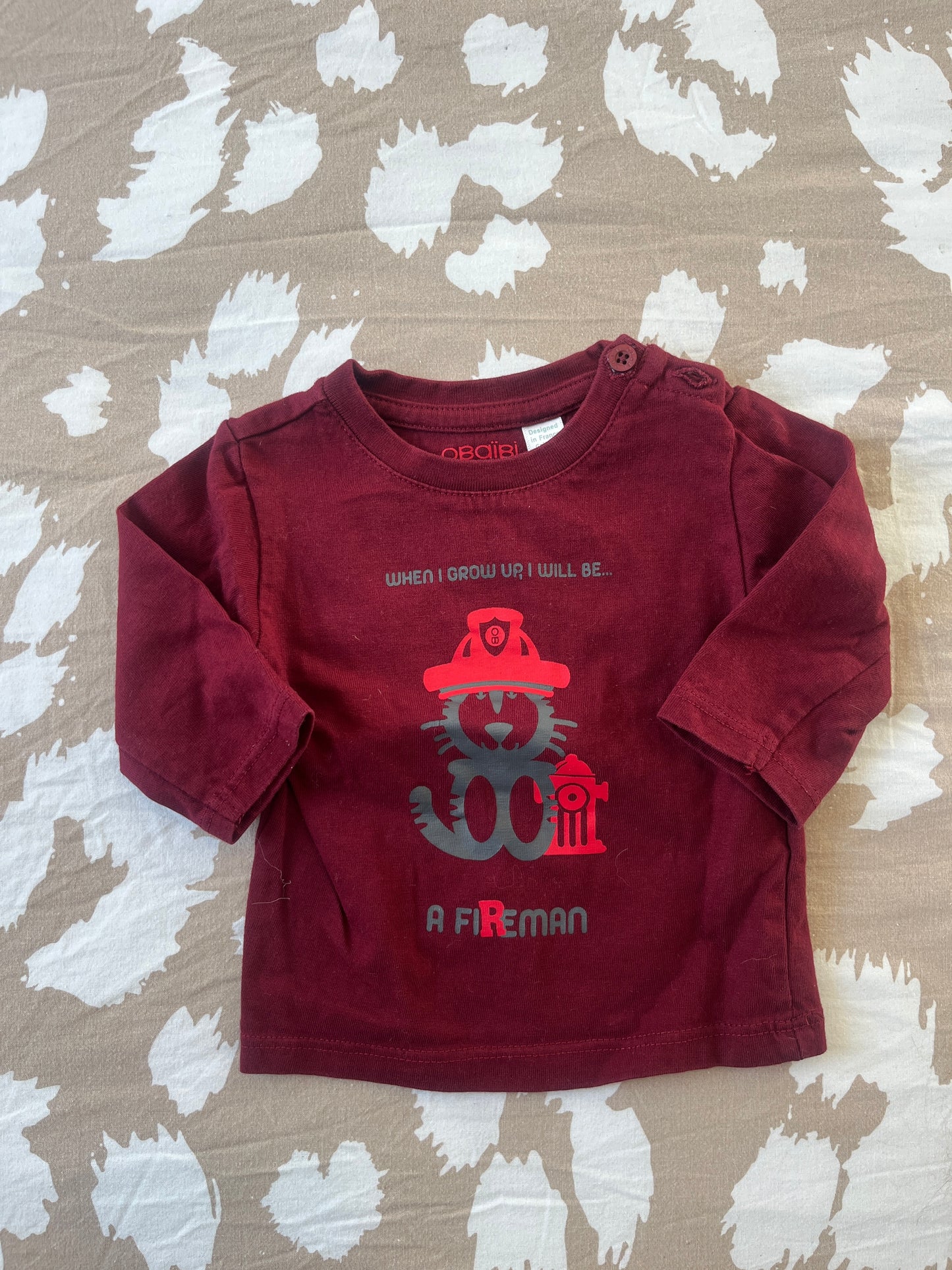 T-shirt à manches longues bordeaux « when i grow up, i will be a fireman » - 3 mois