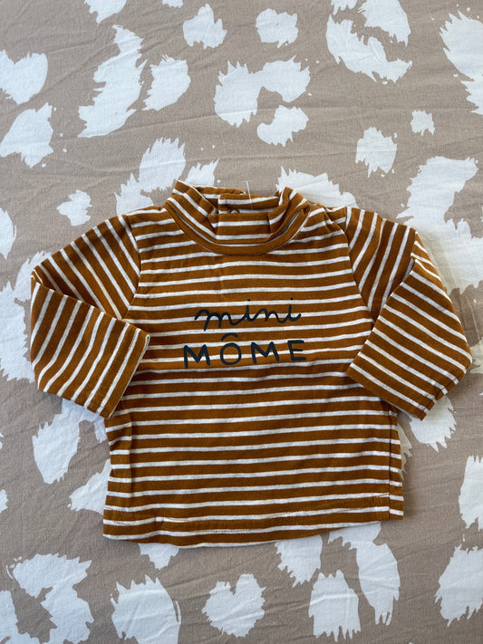 T-shirt à manches longues camel rayé avec col roulé « mini môme » - 3 mois