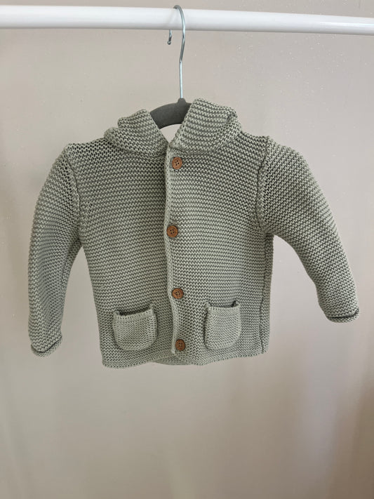 Veste en maille à manches longues vert sauge à capuche - 3/6 mois