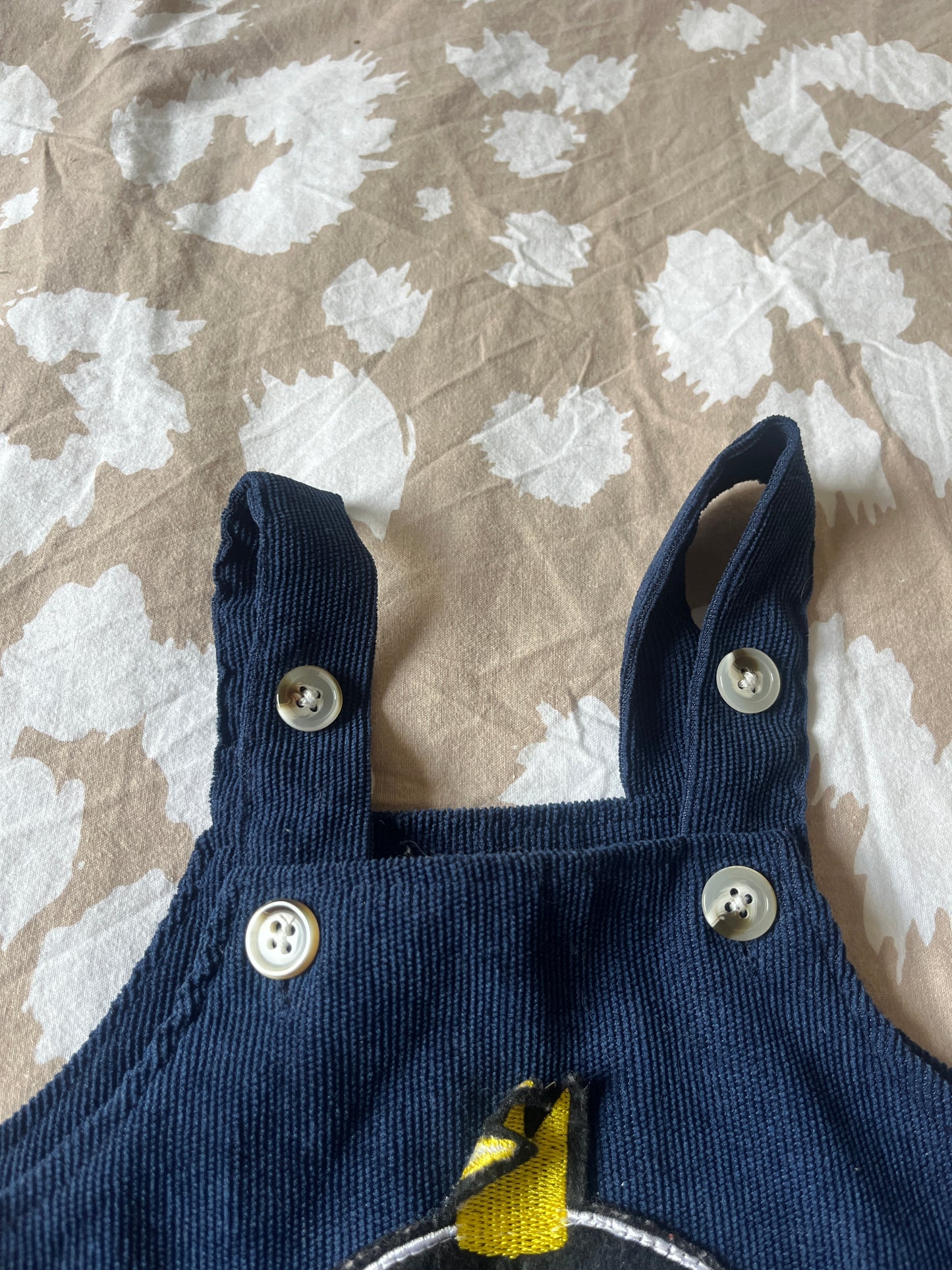 Salopette en velours côtelé bleu avec pingouin - 6/9 mois
