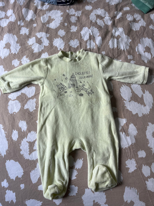 Pyjama en velours jaune/vert pâle « chouette de la visite ! » - 6 mois